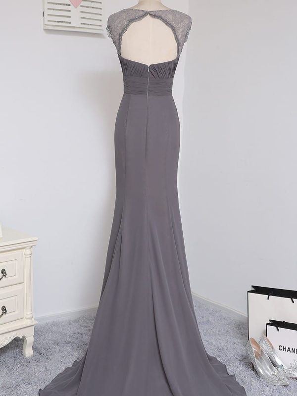 A-Line Cap Sleeves Gray Chiffon Lace Open Back Bridesmaid Dress in Bridesmaid dresses