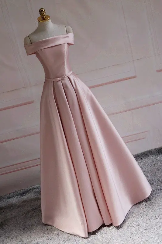 Pink Satin Off The Shoulder Long Bridesmaid Dress