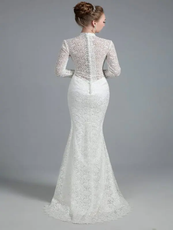 White Vintage Lace High Neck Long Sleeves Mermaid Wedding Dress in Wedding dresses