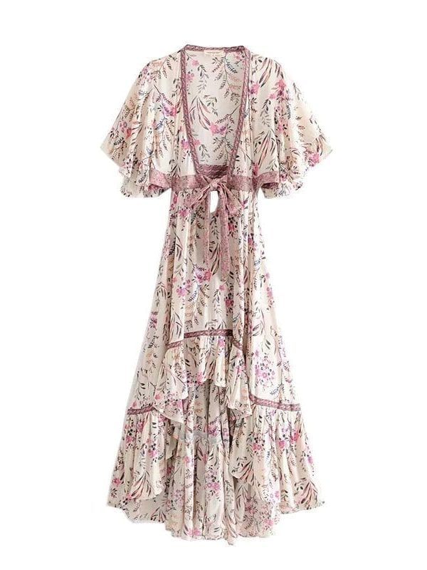 Elegant Floral Print Asymmetrical Backless Boho Beach Dress