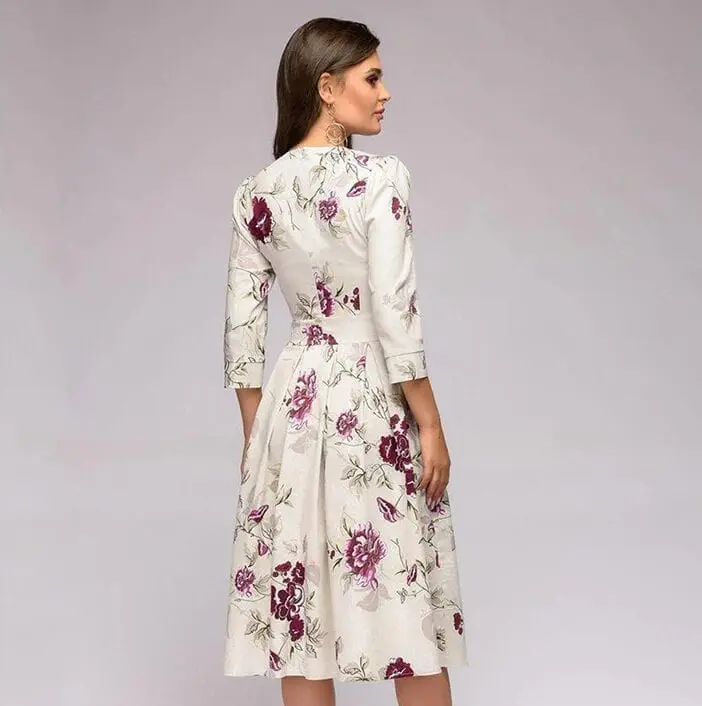 Vintage Three Quarter Sleeve A-line Print Floral Dress