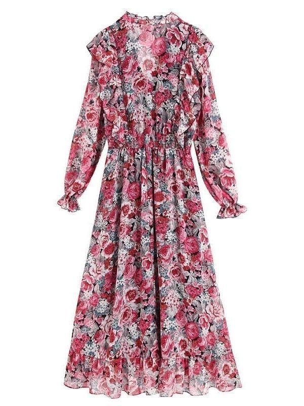 V Neck Ruffle Floral Print Dress