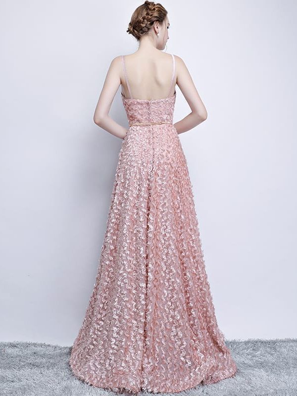 Pink Lace Sleeveless Spaghetti Straps Long Bridesmaid Dress