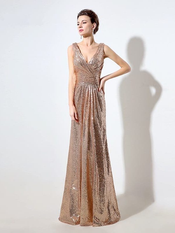 Gold Sequin Deep V-neck Sparkly V Back Long Bridesmaid Dress