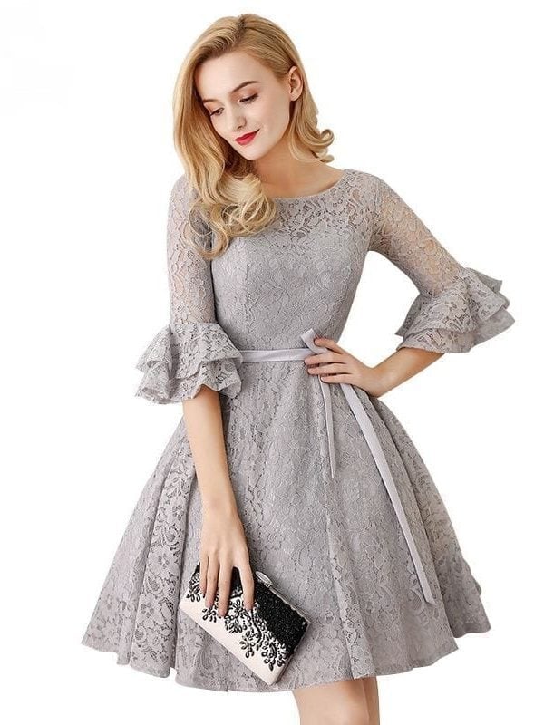 Gray 3/4 Long Sleeve Lace Short Bridesmaid Dress