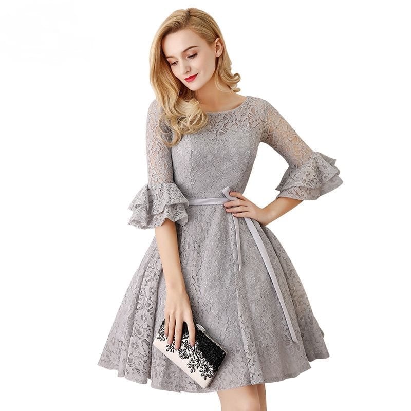 Gray 3/4 Long Sleeve Lace Short Bridesmaid Dress | Uniqistic.com