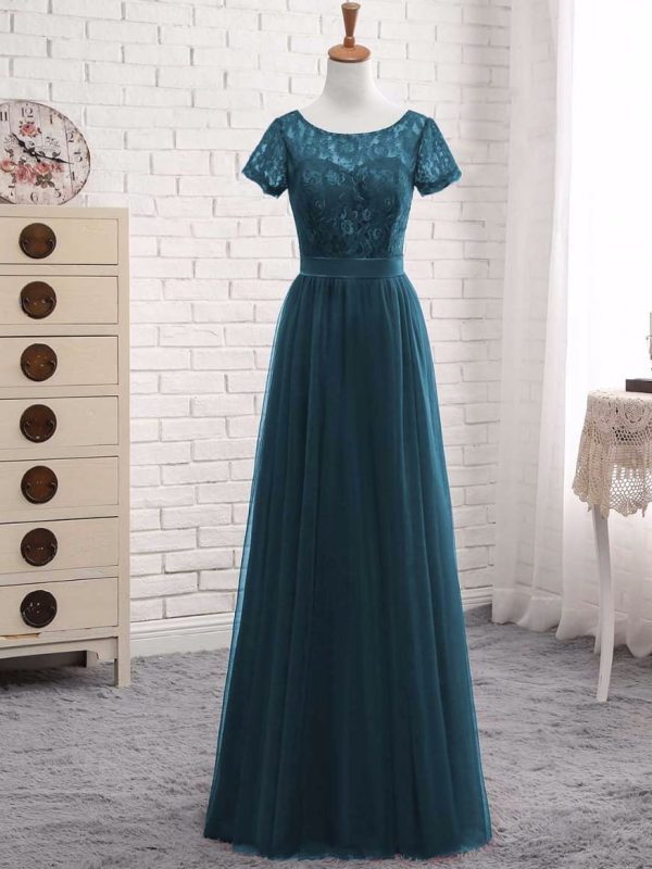 Elegant Short Sleeves A Line Teal Tulle Lace With Sash Bridesmaid Dress in Bridesmaid dresses