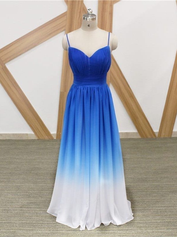Elegant Blue White Gradient Color Chiffon A Line Spaghetti Strap Long Bridesmaid Dress