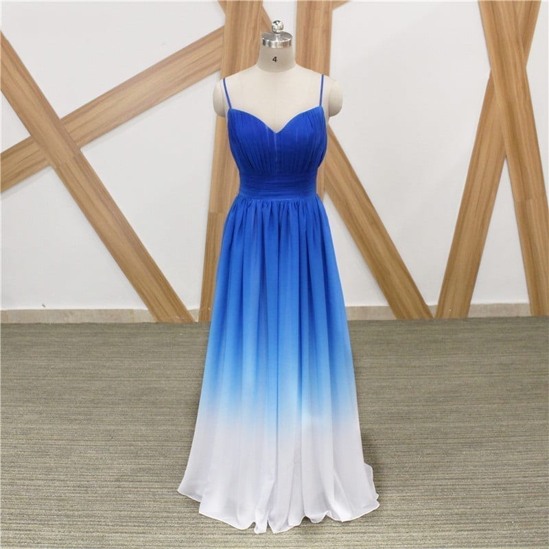 Elegant Blue White Gradient Color Chiffon A Line Spaghetti Strap Long Bridesmaid Dress