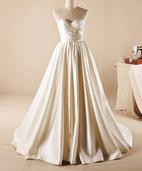 Sweetheart Court Train Lace Up Pleated Beaded Satin Wedding Dress