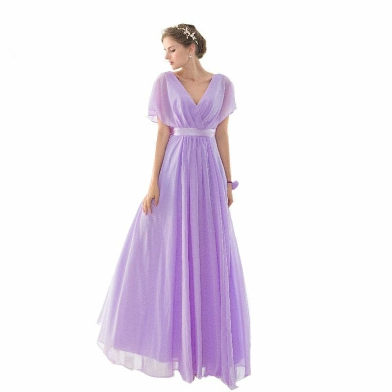 Lilac Short Sleeves V Neck Floor Length Chiffon Bridesmaid Dress ...