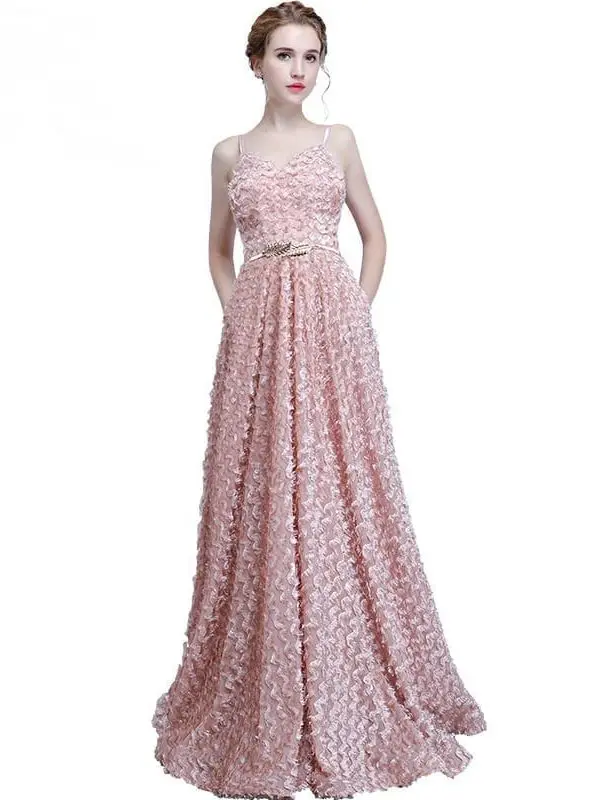 Pink Lace Sleeveless Spaghetti Straps Long Bridesmaid Dress