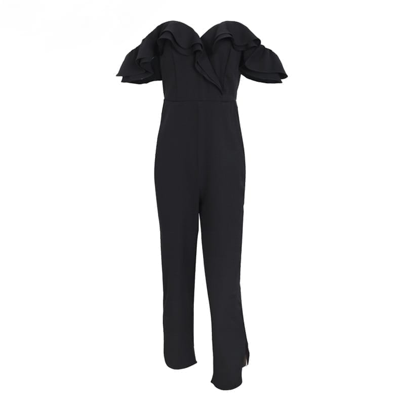 Tiered Ruffle High Waist Backless Off Shoulder Black Jumpsuit in Jumpsuits & Rompers
