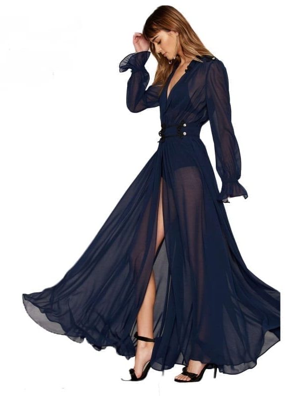 Solid Blue Deep V-neck Long Sleeve Front Split A-line Ruffle Sheer Elegant Maxi Dress