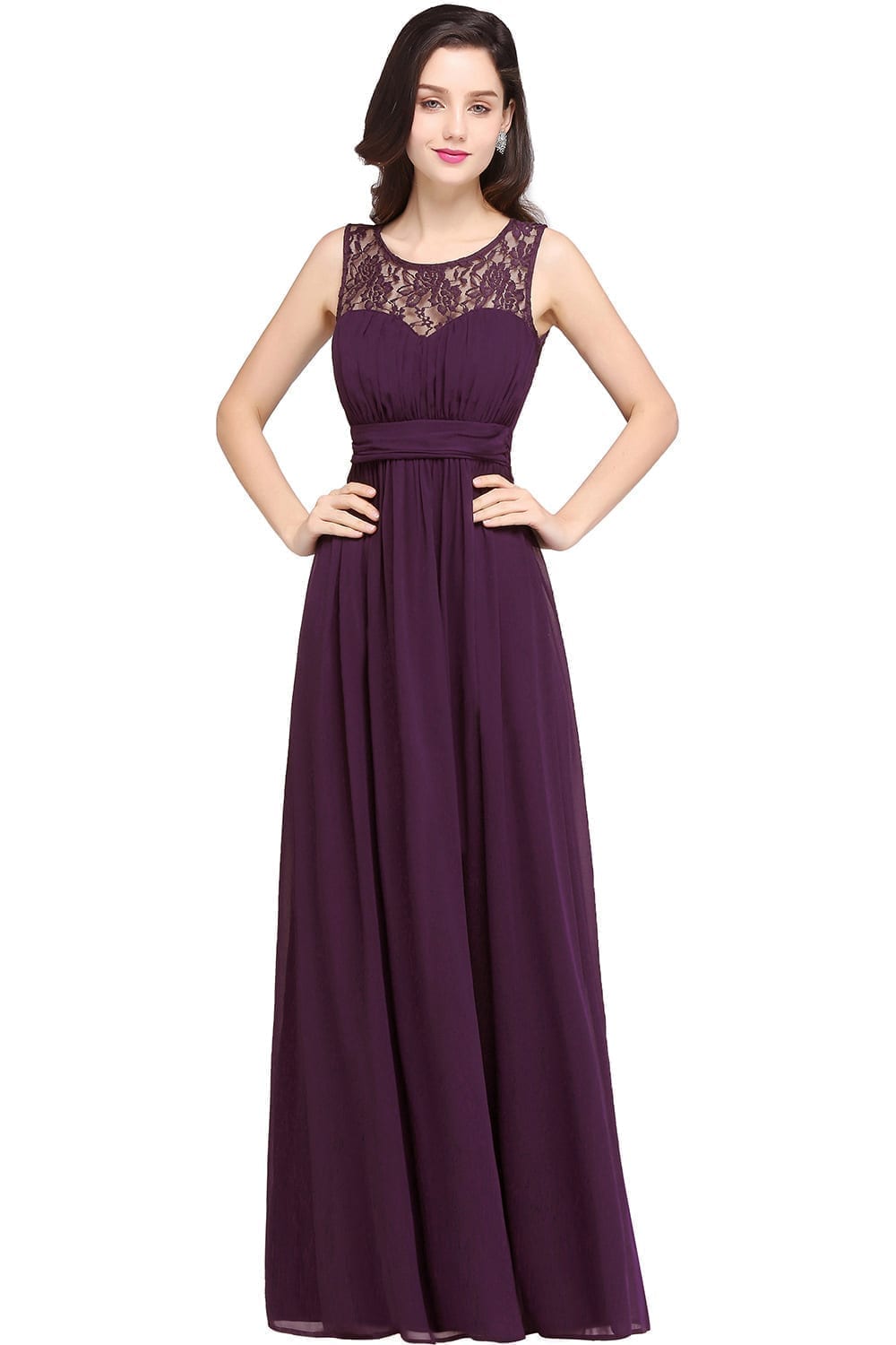 Purple Navy Blue Lace Chiffon Long Bridesmaid Dress