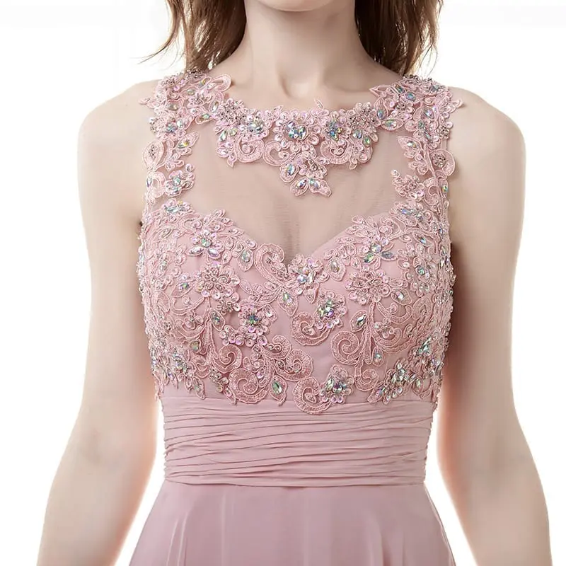 Pink A-line Chiffon Appliques Lace Beaded Open Back Long Bridesmaid Dress