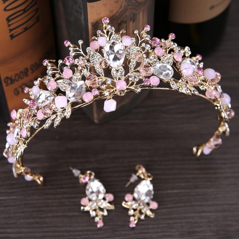 Luxury Pink Gold Pearl Bridal Crowns Tiara With Earrings ...