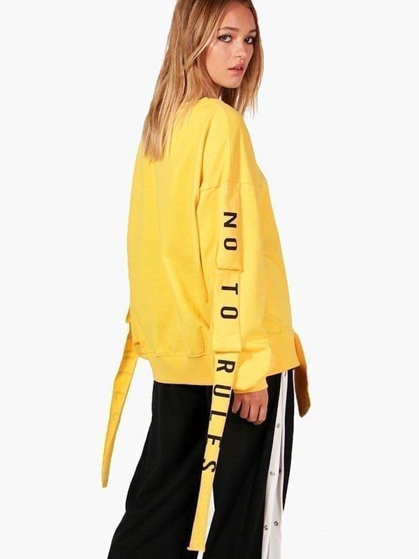 Yellow Full Sleeve Lace Up Split Letter Print Sweatshirt