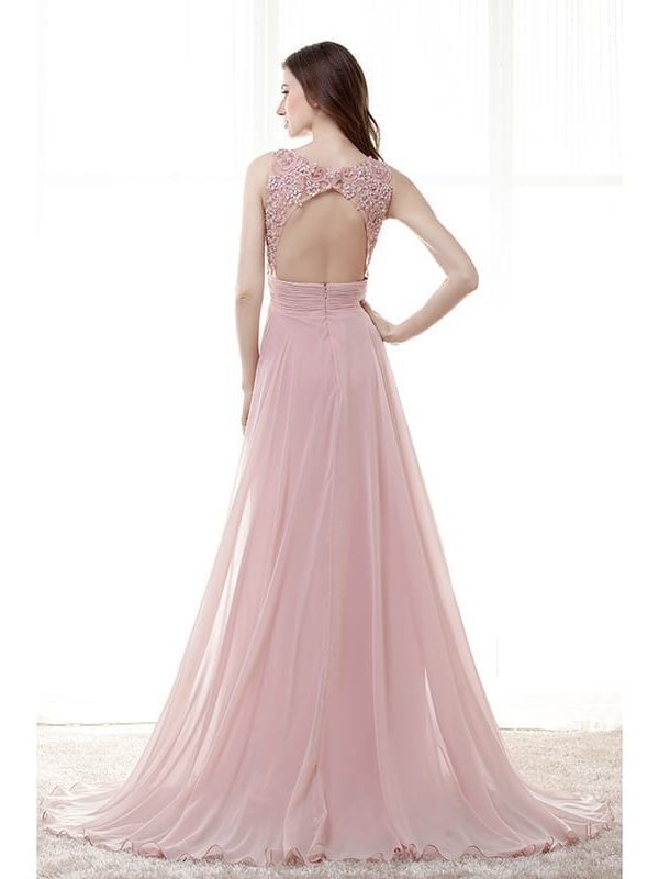 Pink A-line Chiffon Appliques Lace Beaded Open Back Long Bridesmaid Dress