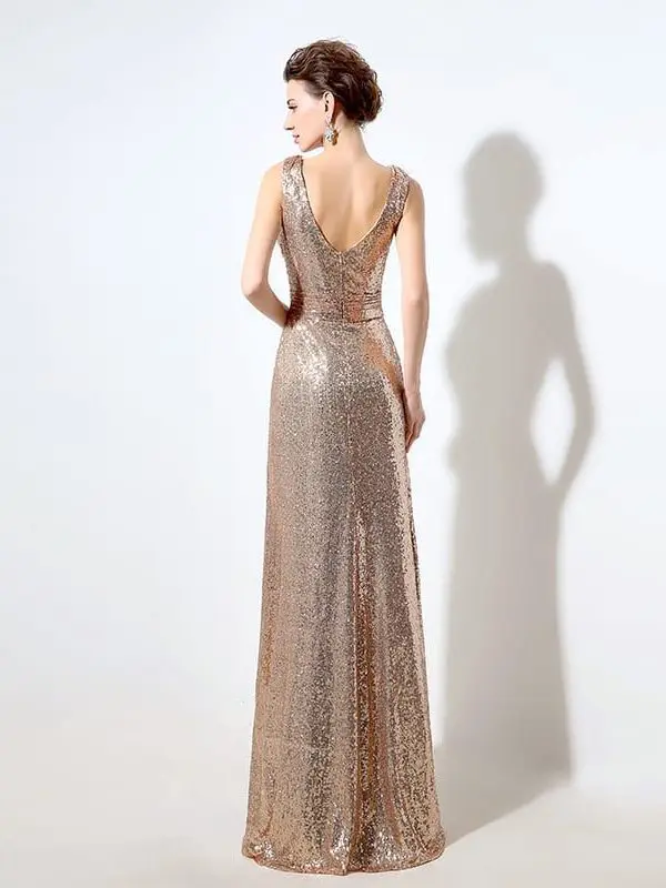 Gold Sequin Deep V-neck Sparkly V Back Long Bridesmaid Dress