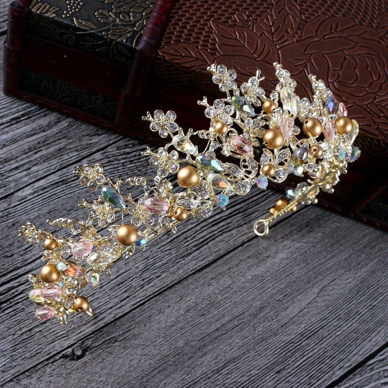 Luxury Pink Gold Pearl Bridal Crowns Tiara With Earrings Wedding Hair Accessories