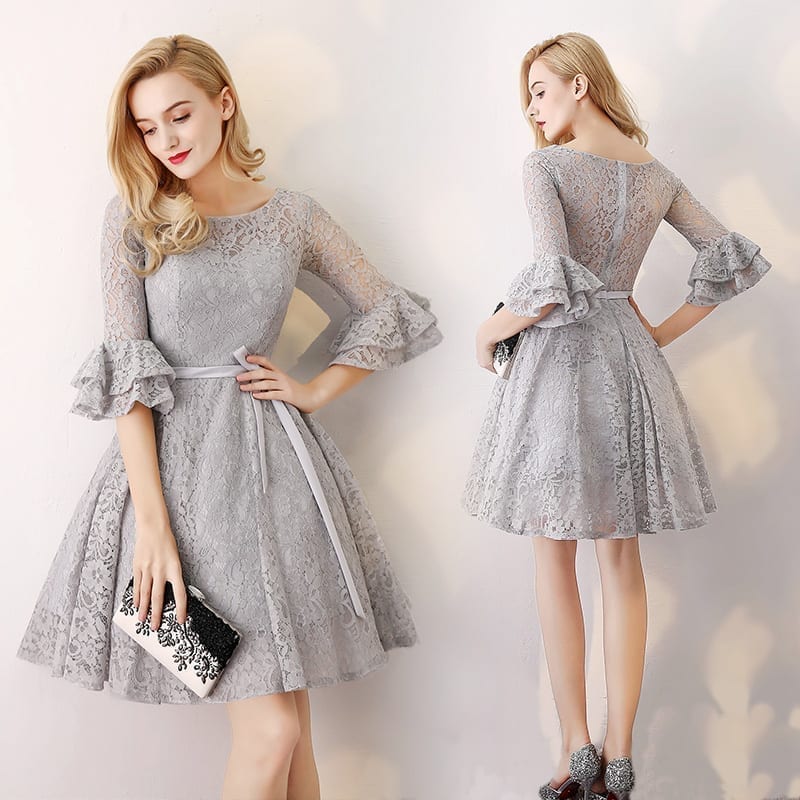 Gray 3/4 Long Sleeve Lace Short Bridesmaid Dress