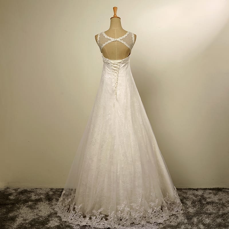 A-line Tulle Lace Pearls Boho Beach Wedding Dress