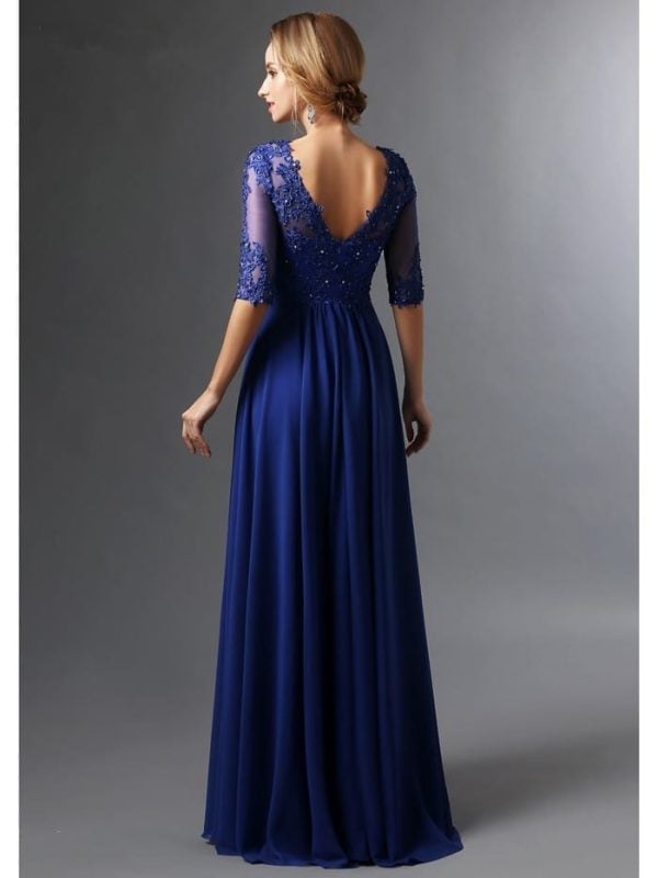 Elegant Royal Blue A-line V-neck Half Sleeves Chiffon Lace Long Mother Of The Bride Dress