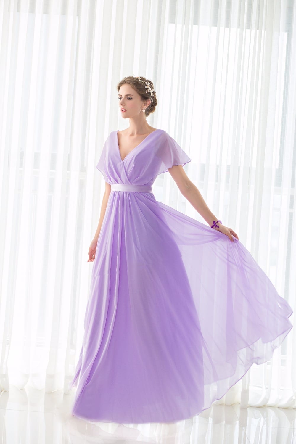 Lilac Short Sleeves V Neck Floor Length Chiffon Bridesmaid Dress ...