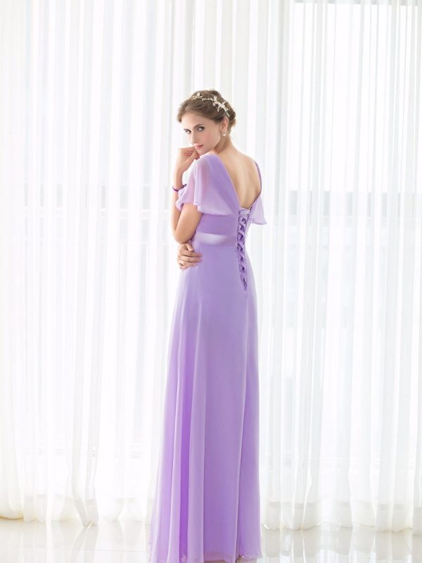 Lilac Short Sleeves V Neck Floor Length Chiffon Bridesmaid Dress