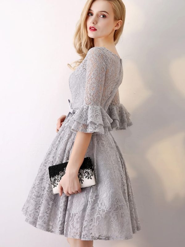 Gray 3/4 Long Sleeve Lace Short Bridesmaid Dress in Bridesmaid dresses