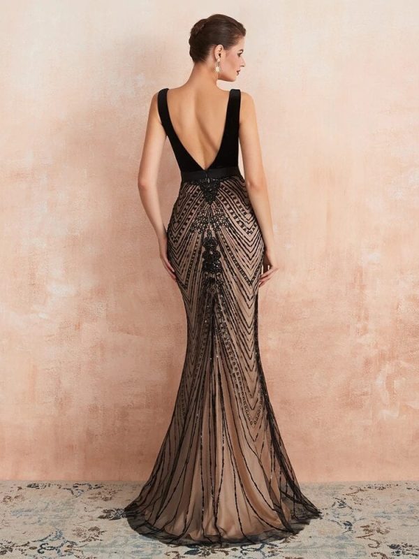 Elegant Black Slit Lace See Through Bodycon Long Evening Dress
