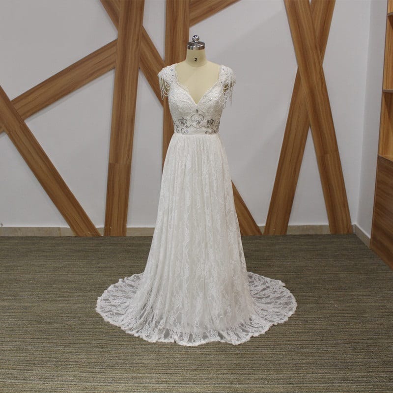 Romantic Boho Vintage Beaded Lace Beach Backless V Neck Floor Length Wedding Dress