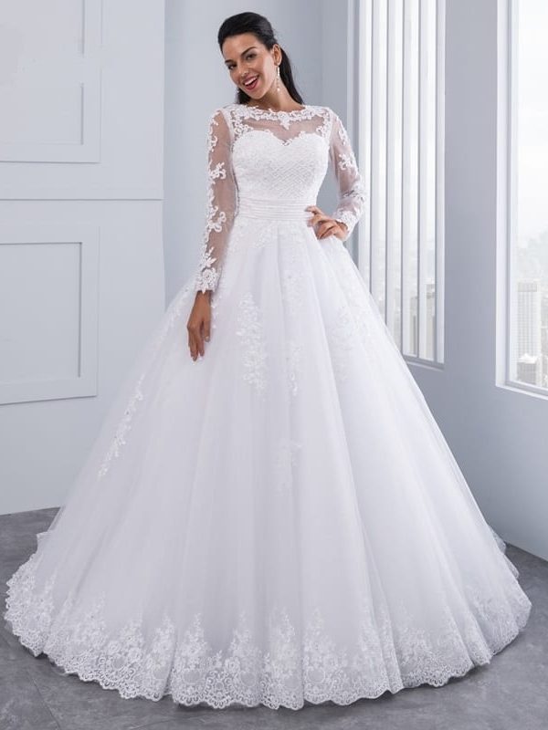 Unique Detachable Train Lace Appliques Pearls Crystal Sashes Ball Gown Wedding Dress