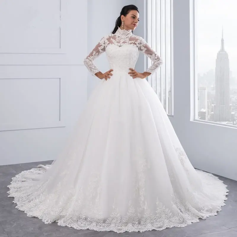 High Neck Iiiusion Back Long Sleeve Lace Ball Wedding Dress