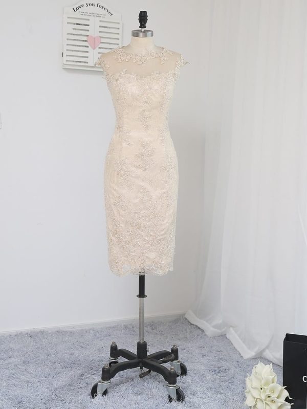 Champagne Sheath Knee Length Lace Open Back Beaded Mother Of The Bride Dress in Mother of the Bride Dresses