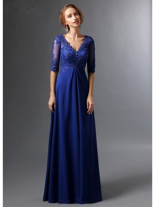 Elegant Royal Blue A-Line V-Neck Half Sleeves Chiffon Lace Long Mother Of The Bride Dress in Mother of the Bride Dresses