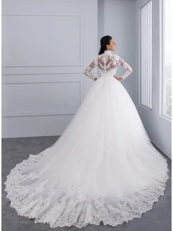 High Neck Iiiusion Back Long Sleeve Lace Ball Wedding Dress