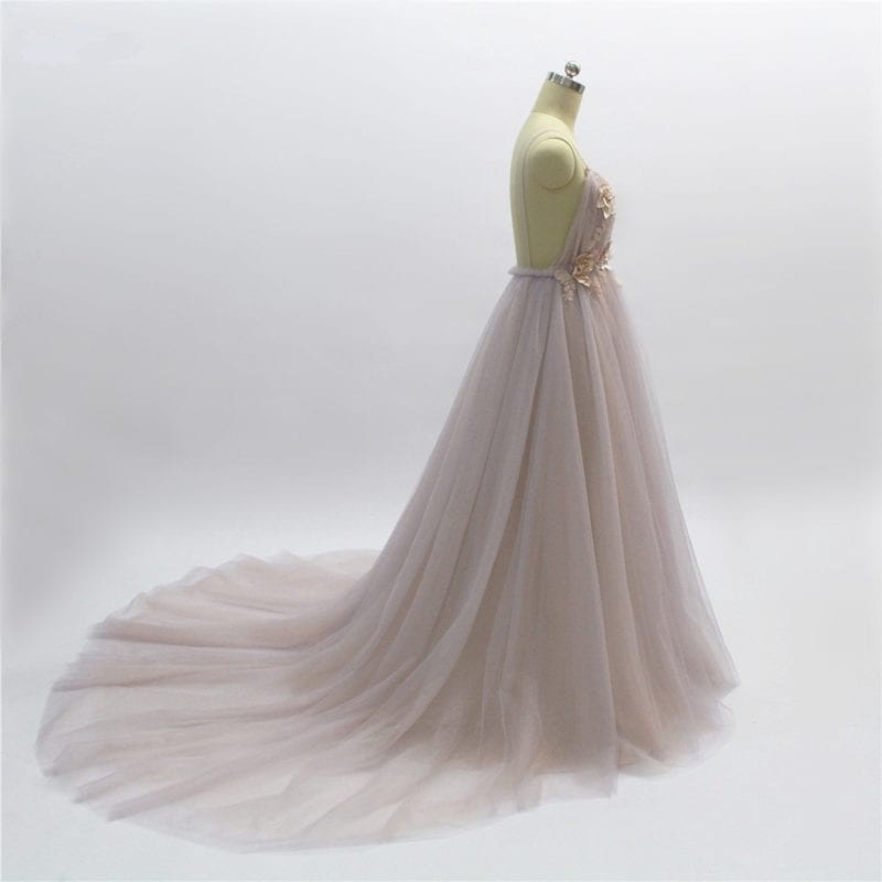 Elegant Backless Court Train Flowers Blush A Line Tulle Long Evening Dress in Evening Dresses