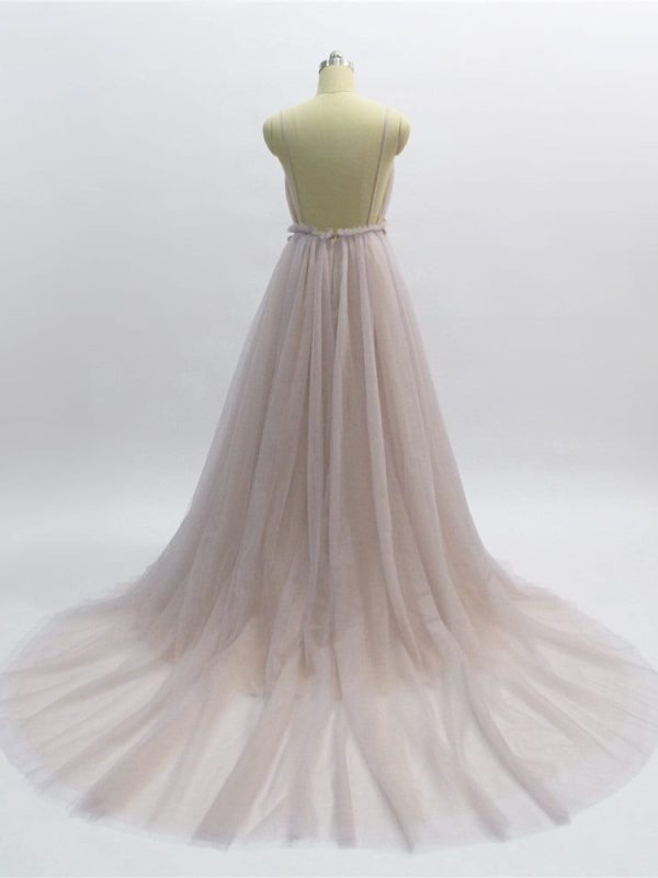 Elegant Backless Court Train Flowers Blush A Line Tulle Long Evening Dress in Evening Dresses