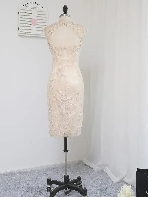 Champagne Sheath Knee Length Lace Open Back Beaded Mother Of The Bride Dress