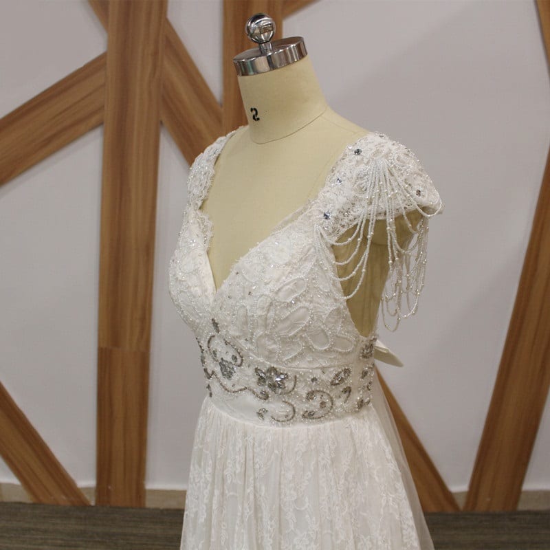 Romantic Boho Vintage Beaded Lace Beach Backless V Neck Floor Length Wedding Dress