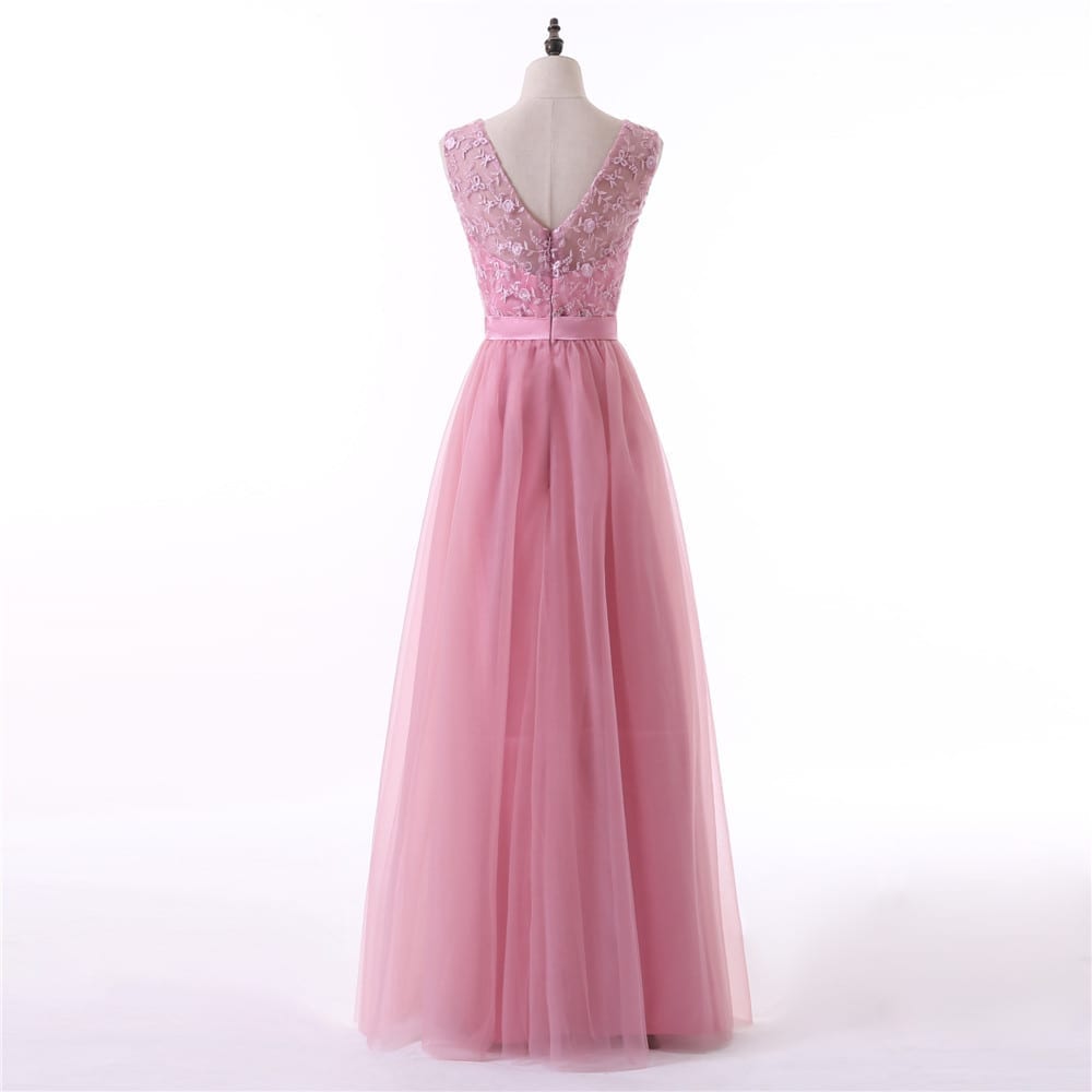 Pink A-line V-neck Cap Sleeves Tulle Embroidery Long Bridesmaid Dress
