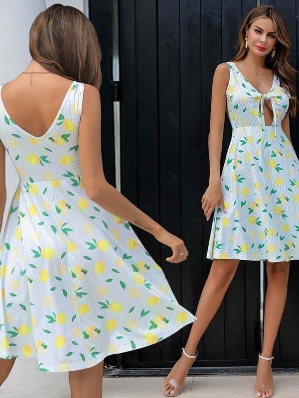 Deep V-neck Lemon Print Striped Bow Lace Up A-line Beach Dress