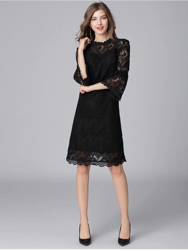 Elegant Black Hollowed Up Lace Flare Sleeve Collar Zipper Fly Dress in Dresses