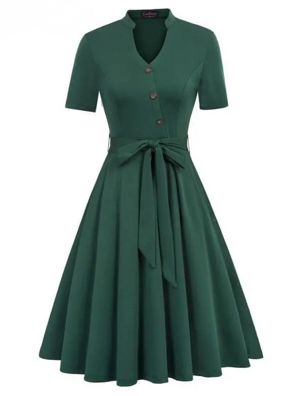 Vintage Short Sleeve Pocket Green Dress