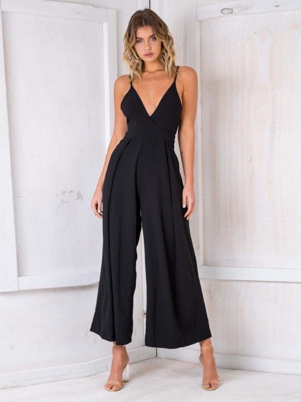 Strap Backless Black Bow Flare Leg Beach Loose Jumpsuit in Jumpsuits & Rompers