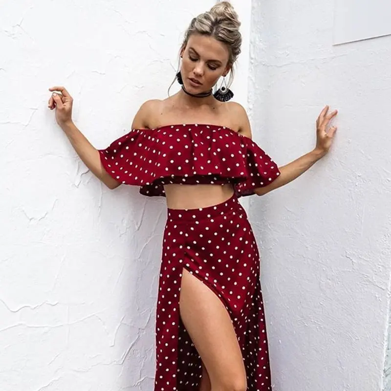 Red Vintage Dot Off Shoulder Chiffon Ruffle Beach Long Dress