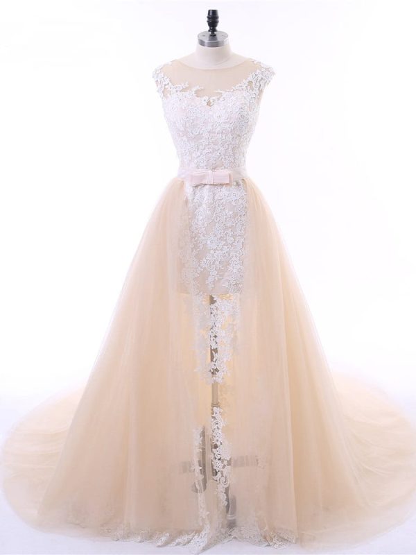 Champagne Cap Sleeves Tulle Applique Lace Detachable Train Mermaid Wedding Dress in Wedding dresses