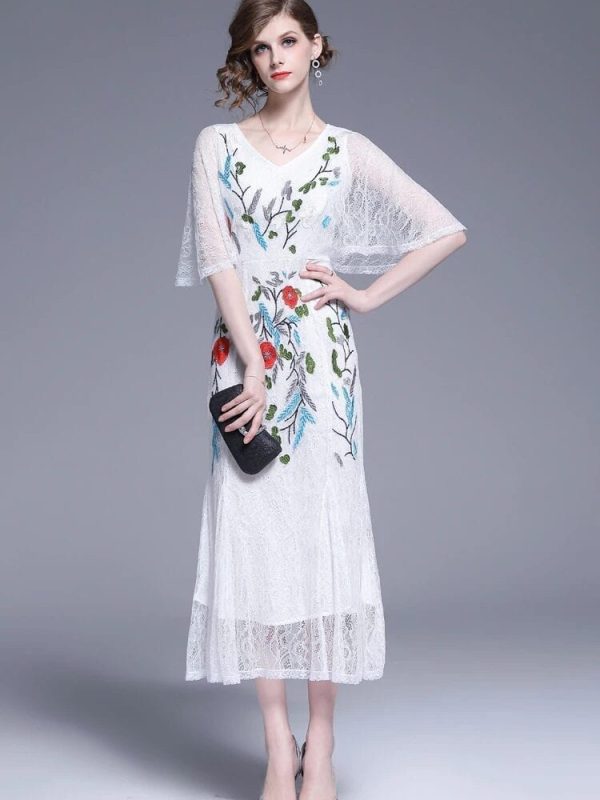V-neck Floral Embroidered Lace Dress